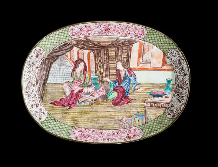 Chinese painted enamel on copper dish with european subject